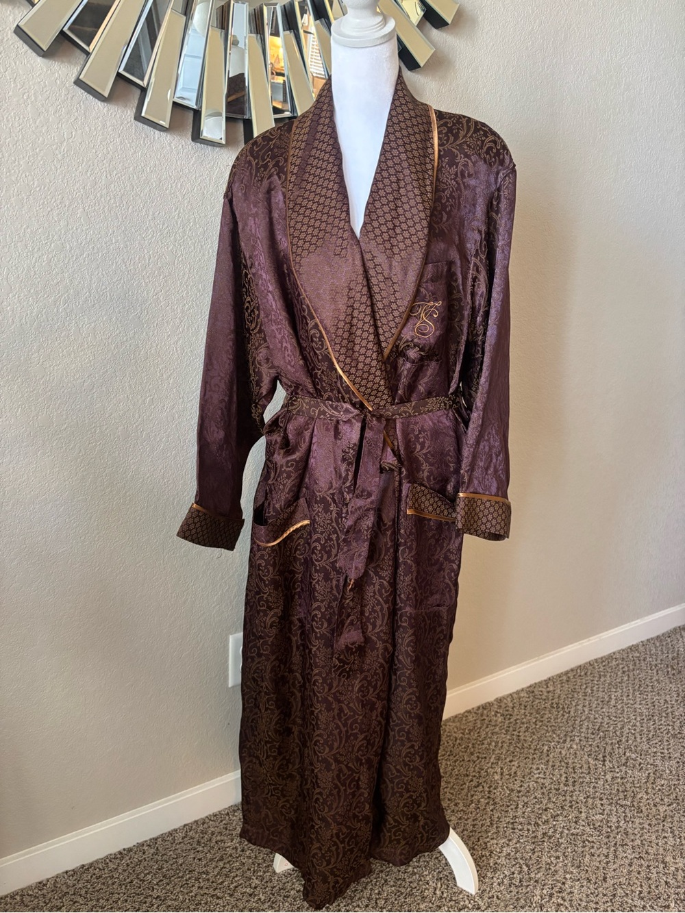 Victoria's Secret Brown Satin Jacquard Long Robe with Gold Trim